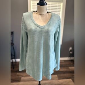 Chaser Top Womens Medium Blue Waffle Knit Long Sleeve Thermal VNeck Stretch NWOT